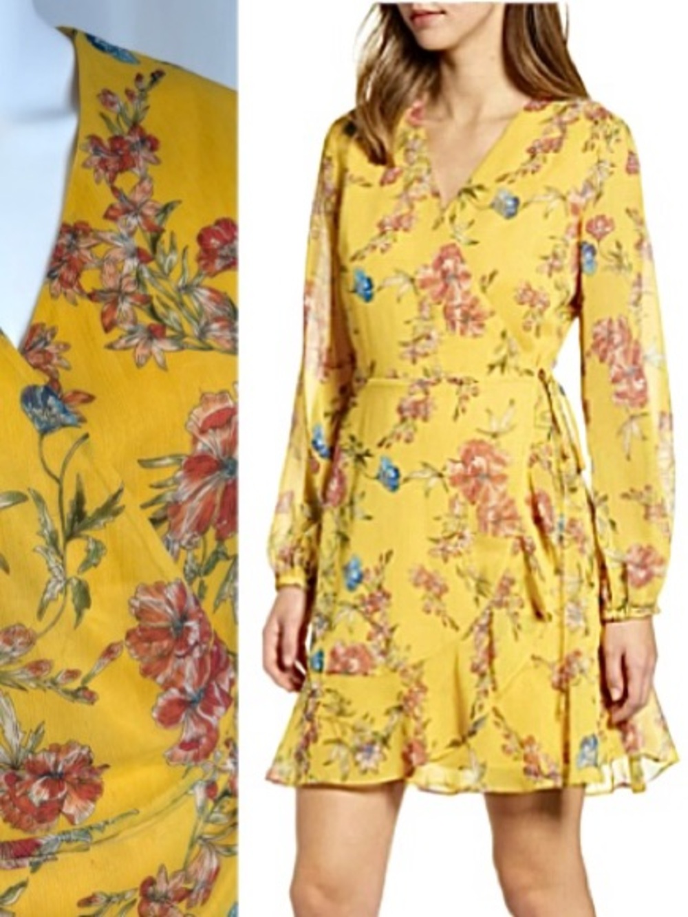 All in Favor Floral Chiffon Ruffle Tie Wrap Dress Size Large Yellow Long Sleeve